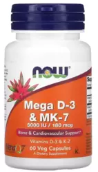 Mega D3 e MK-7 180 mcg (5.000 UI) - Now Foods (60 Cápsulas)